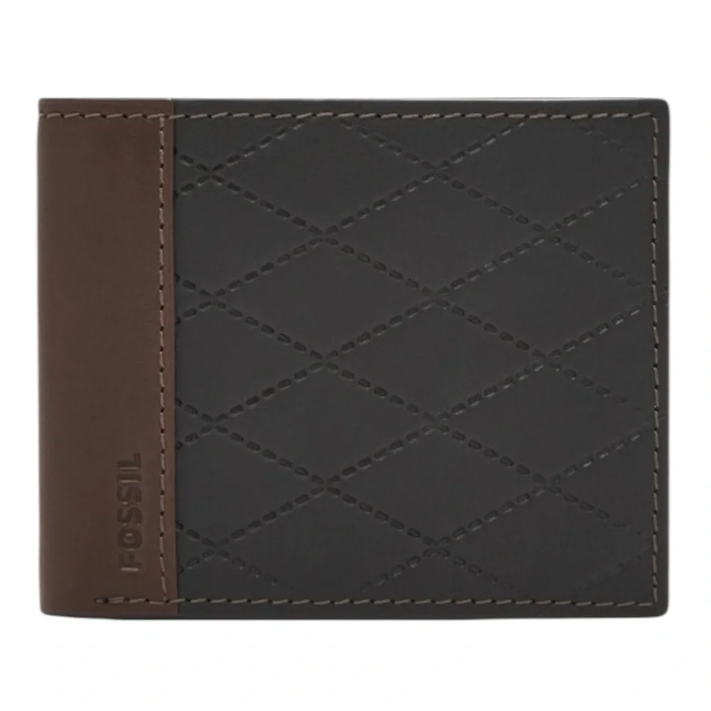 Fossil Men's Journee Traveler Quilted Black Brown Leather Wallet - New With Tags